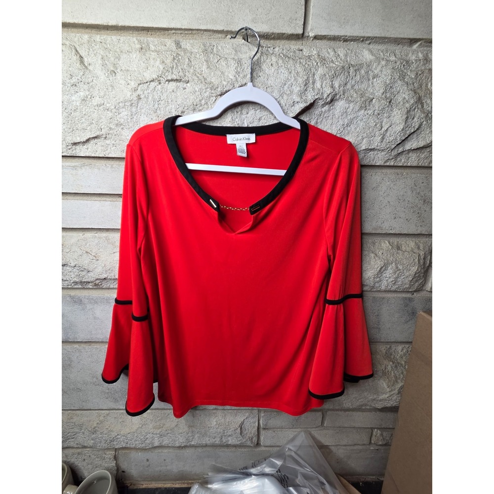 Calvin Klein Womens Red Bell Sleeve Chain V-Neck Blouse XL Black Trim 0881